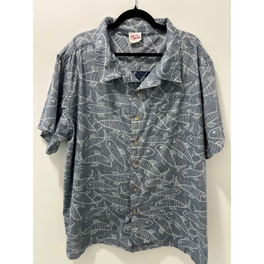 Barefoot in Paradise Mens XXL Blue White Fish Print Short Sleeve Button Down